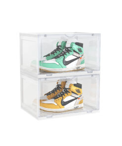 1-SOGA 2 Tier Transparent Portable Shoe Organiser Sneaker Footwear Folding Plastic Bin Stackable Storage Box with Magnetic Door
