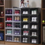 5-SOGA 2 Tier Transparent Portable Shoe Organiser Sneaker Footwear Folding Plastic Bin Stackable Storage Box with Magnetic Door