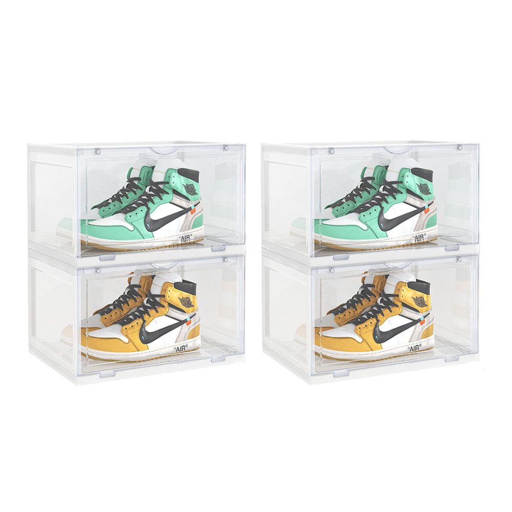 1-SOGA 2X 2 Tier Transparent Portable Shoe Organiser Sneaker Footwear Folding Plastic Bin Stackable Storage Box with Magnetic Door