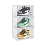 1-SOGA 3 Tier Transparent Portable Shoe Organiser Sneaker Footwear Folding Plastic Bin Stackable Storage Box with Magnetic Door