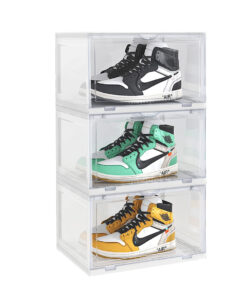 1-SOGA 3 Tier Transparent Portable Shoe Organiser Sneaker Footwear Folding Plastic Bin Stackable Storage Box with Magnetic Door
