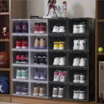 5-SOGA 3 Tier Transparent Portable Shoe Organiser Sneaker Footwear Folding Plastic Bin Stackable Storage Box with Magnetic Door