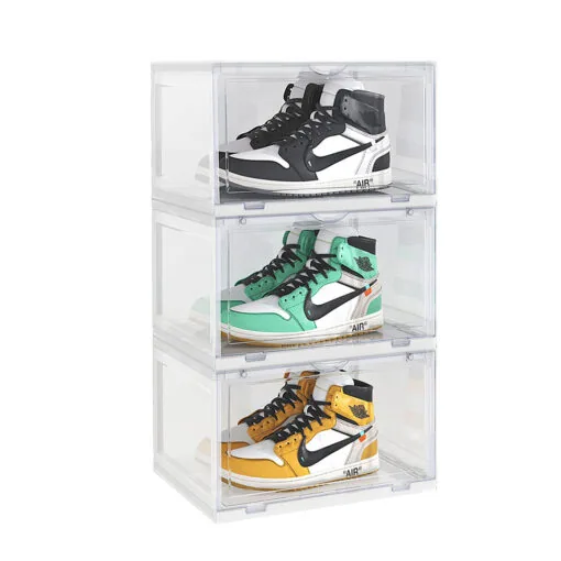 1-SOGA 3 Tier Transparent Portable Shoe Organiser Sneaker Footwear Folding Plastic Bin Stackable Storage Box with Magnetic Door