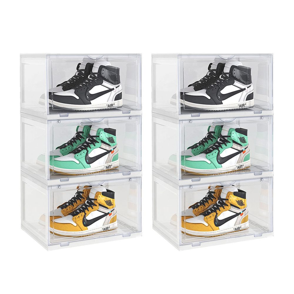 1-SOGA  2X 3 Tier Transparent Portable Shoe Organiser Sneaker Footwear Folding Plastic Bin Stackable Storage Box with Magnetic Door