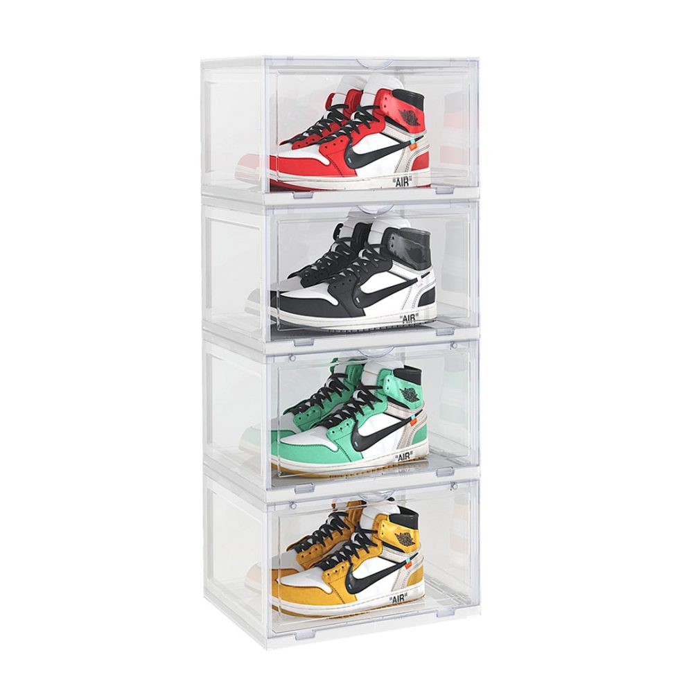 1-SOGA 4 Tier Transparent Portable Shoe Organiser Sneaker Footwear Folding Plastic Bin Stackable Storage Box with Magnetic Door