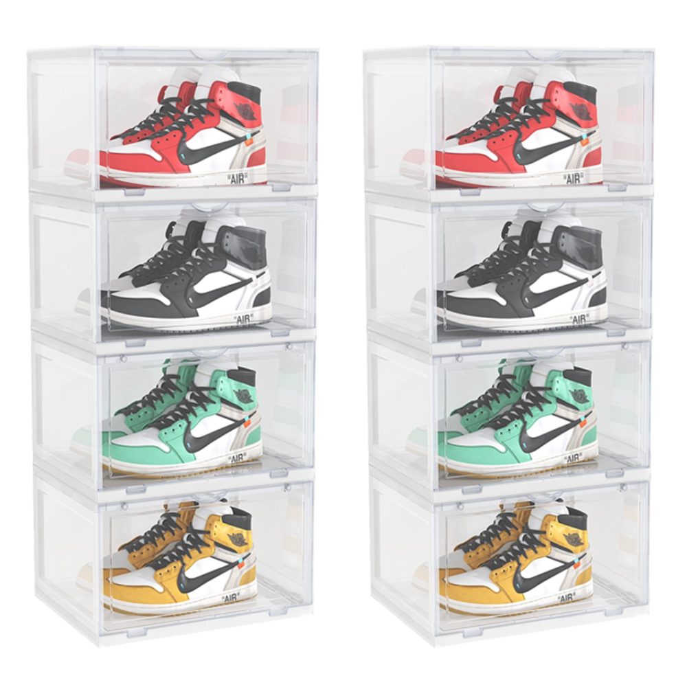 1-SOGA 2X 4 Tier Transparent Portable Shoe Organiser Sneaker Footwear Folding Plastic Bin Stackable Storage Box with Magnetic Door