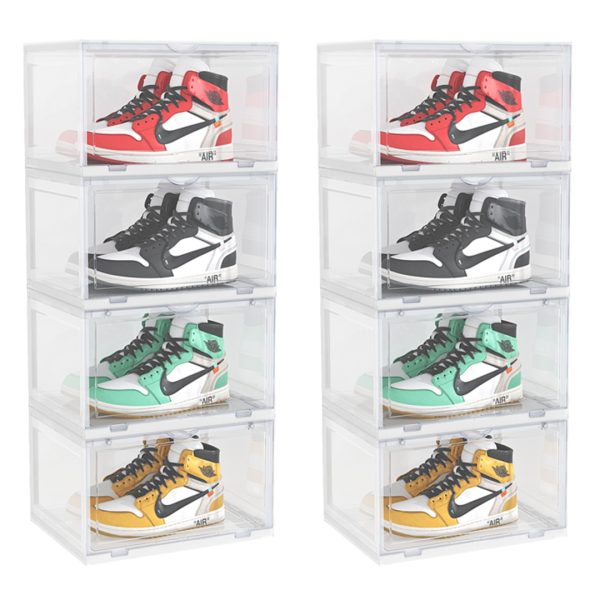 1-SOGA 2X 4 Tier Transparent Portable Shoe Organiser Sneaker Footwear Folding Plastic Bin Stackable Storage Box with Magnetic Door