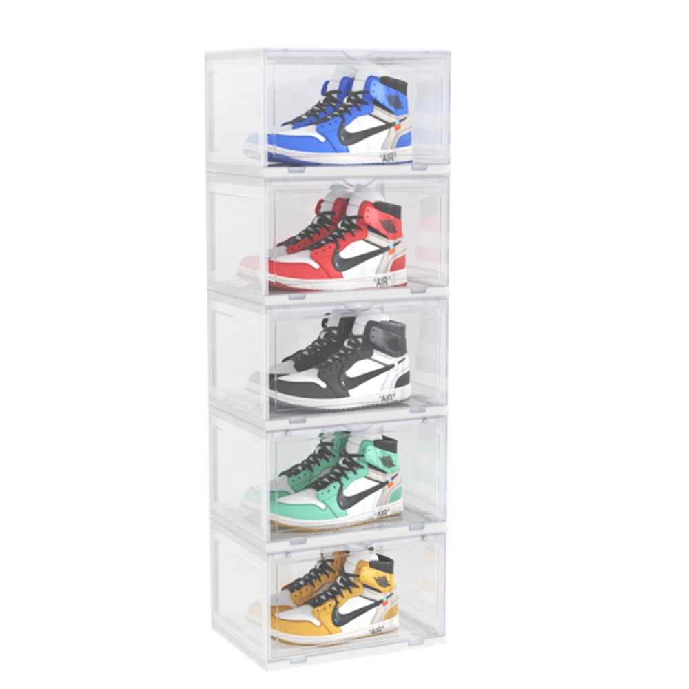 1-SOGA 5 Tier Transparent Portable Shoe Organiser Sneaker Footwear Folding Plastic Bin Stackable Storage Box with Magnetic Door