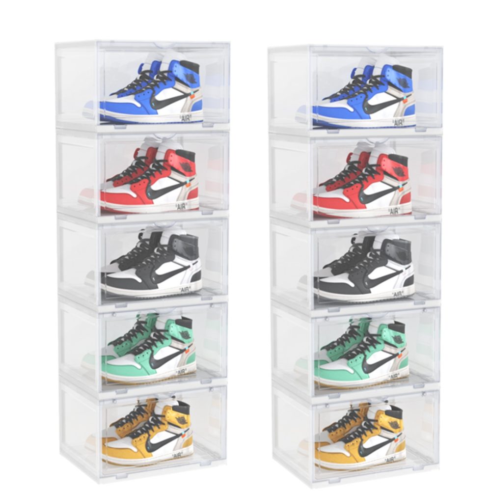 1-SOGA 2X 5 Tier Transparent Portable Shoe Organiser Sneaker Footwear Folding Plastic Bin Stackable Storage Box with Magnetic Door