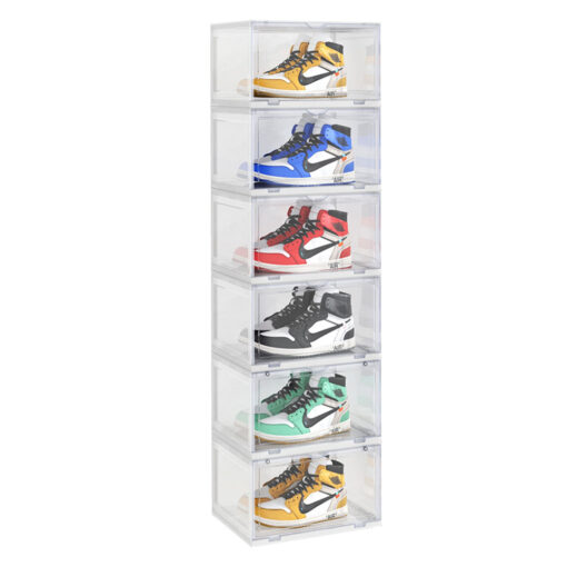 1-SOGA 6 Tier Transparent Portable Shoe Organiser Sneaker Footwear Folding Plastic Bin Stackable Storage Box with Magnetic Door