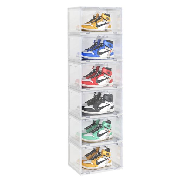 1-SOGA 6 Tier Transparent Portable Shoe Organiser Sneaker Footwear Folding Plastic Bin Stackable Storage Box with Magnetic Door
