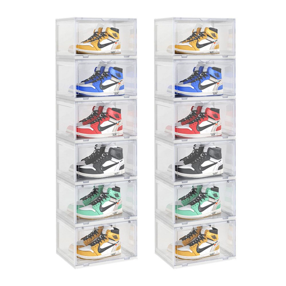 1-SOGA 2X 6 Tier Transparent Portable Shoe Organiser Sneaker Footwear Folding Plastic Bin Stackable Storage Box with Magnetic Door