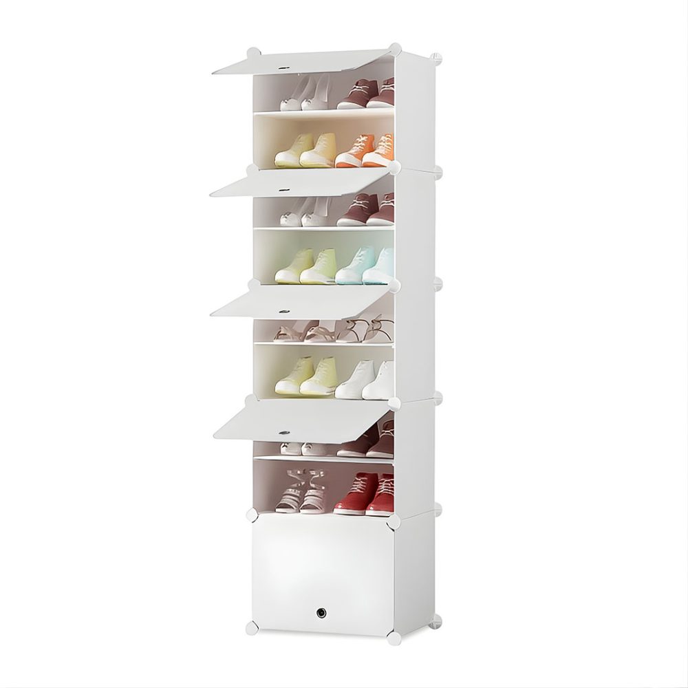 1-SOGA 8 Tier White Shoe Rack Organizer Sneaker Footwear Storage Stackable Stand Cabinet Portable Wardrobe with Cover