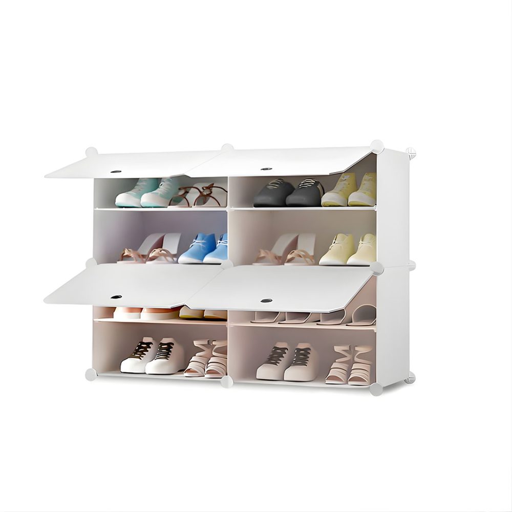1-SOGA 4 Tier 2 Column White Shoe Rack Organizer Sneaker Footwear Storage Stackable Stand Cabinet Portable Wardrobe with Cover