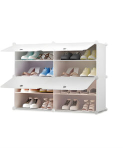 1-SOGA 4 Tier 2 Column White Shoe Rack Organizer Sneaker Footwear Storage Stackable Stand Cabinet Portable Wardrobe with Cover