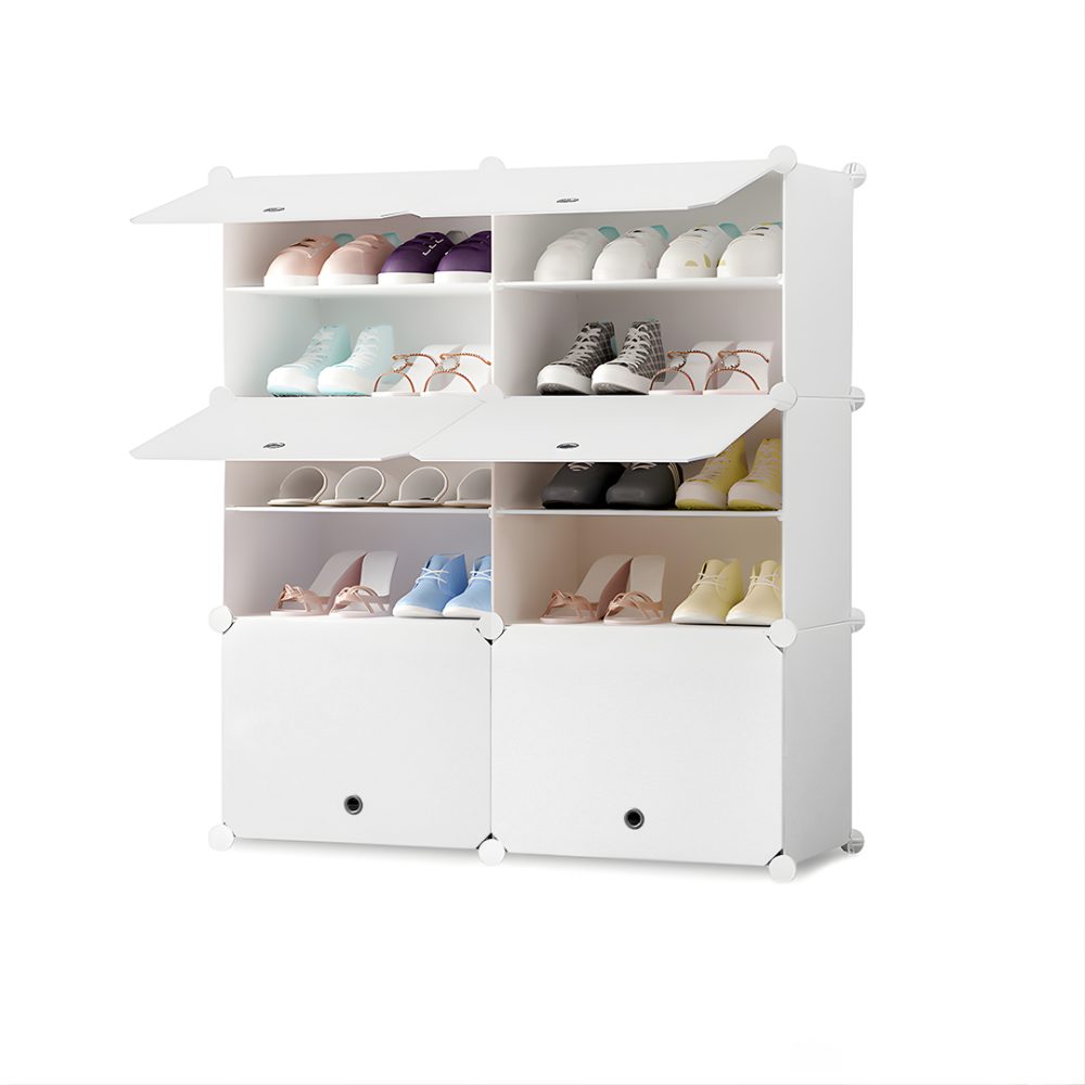 1-SOGA 5 Tier 2 Column White Shoe Rack Organizer Sneaker Footwear Storage Stackable Stand Cabinet Portable Wardrobe with Cover