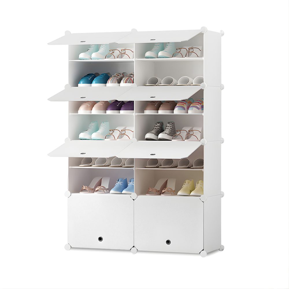 1-SOGA 7 Tier 2 Column White Shoe Rack Organizer Sneaker Footwear Storage Stackable Stand Cabinet Portable Wardrobe with Cover