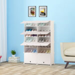 3-SOGA 7 Tier 2 Column White Shoe Rack Organizer Sneaker Footwear Storage Stackable Stand Cabinet Portable Wardrobe with Cover
