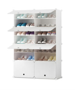 1-SOGA 7 Tier 2 Column White Shoe Rack Organizer Sneaker Footwear Storage Stackable Stand Cabinet Portable Wardrobe with Cover