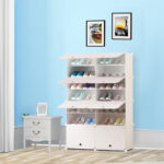 5-SOGA 7 Tier 2 Column White Shoe Rack Organizer Sneaker Footwear Storage Stackable Stand Cabinet Portable Wardrobe with Cover
