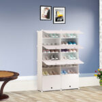 7-SOGA 7 Tier 2 Column White Shoe Rack Organizer Sneaker Footwear Storage Stackable Stand Cabinet Portable Wardrobe with Cover