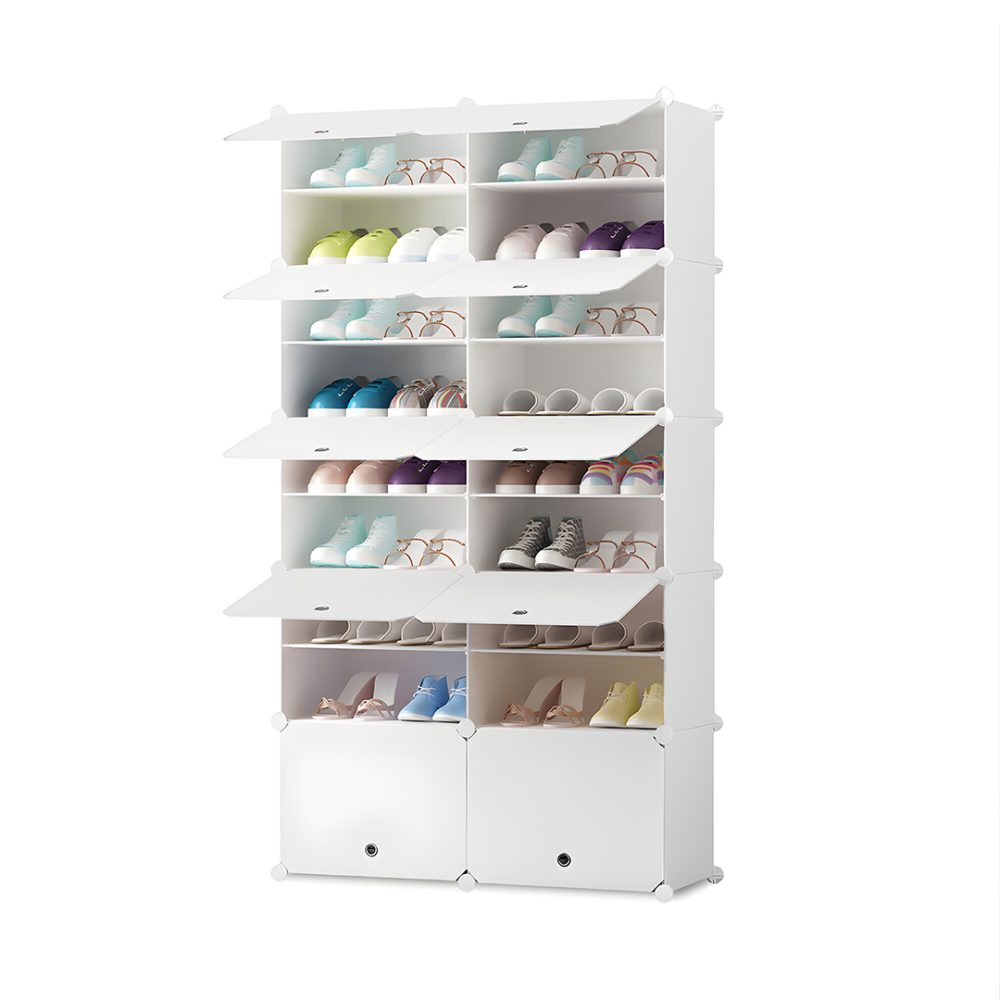 1-SOGA 9 Tier 2 Column White Shoe Rack Organizer Sneaker Footwear Storage Stackable Stand Cabinet Portable Wardrobe with Cover