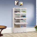 4-SOGA 9 Tier 2 Column White Shoe Rack Organizer Sneaker Footwear Storage Stackable Stand Cabinet Portable Wardrobe with Cover