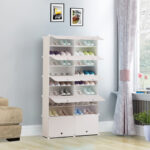 5-SOGA 9 Tier 2 Column White Shoe Rack Organizer Sneaker Footwear Storage Stackable Stand Cabinet Portable Wardrobe with Cover