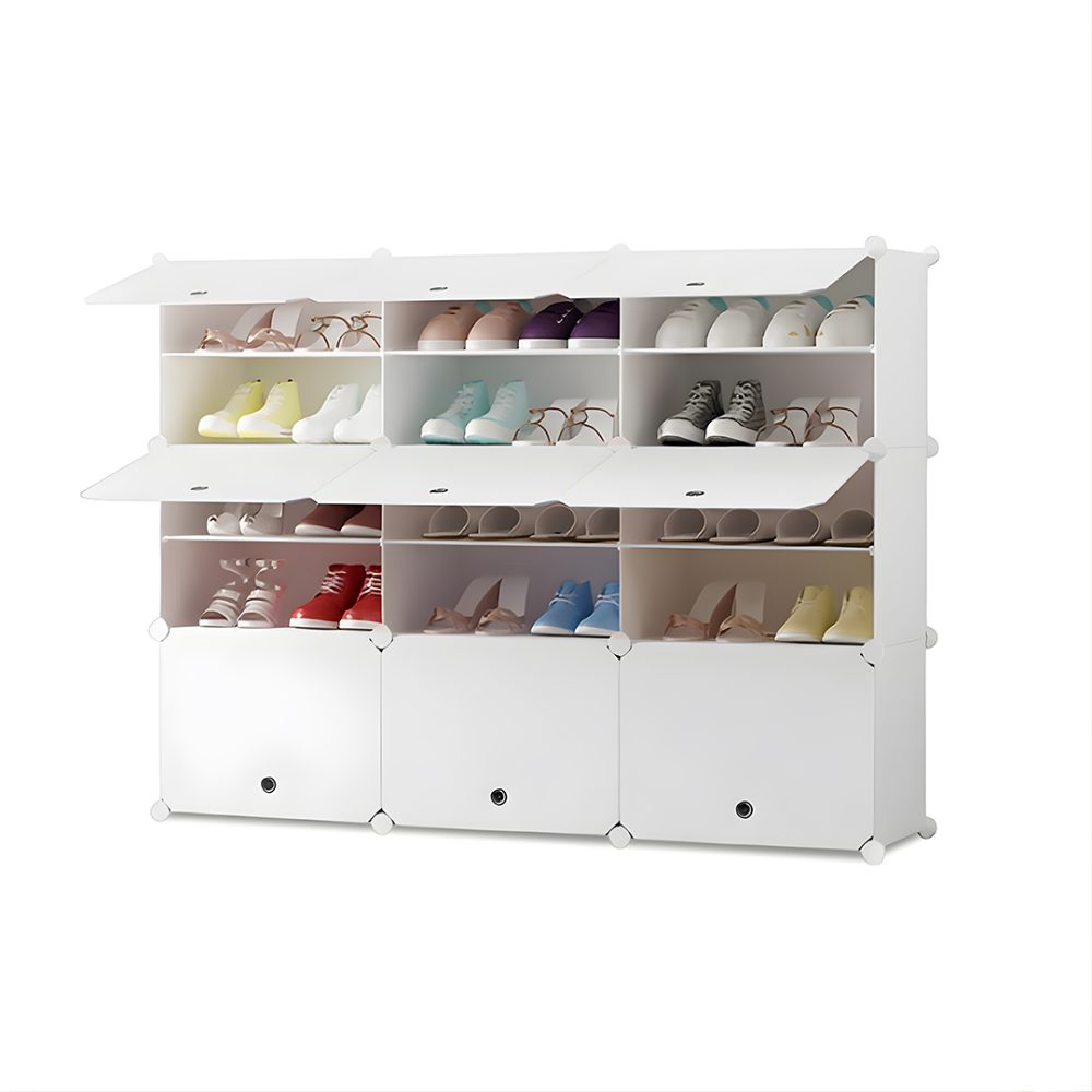 1-SOGA 5 Tier 3 Column White Shoe Rack Organizer Sneaker Footwear Storage Stackable Stand Cabinet Portable Wardrobe with Cover