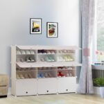 3-SOGA 5 Tier 3 Column White Shoe Rack Organizer Sneaker Footwear Storage Stackable Stand Cabinet Portable Wardrobe with Cover