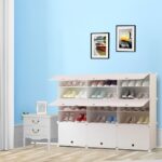 4-SOGA 5 Tier 3 Column White Shoe Rack Organizer Sneaker Footwear Storage Stackable Stand Cabinet Portable Wardrobe with Cover