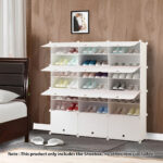2-SOGA 7 Tier 3 Column White Shoe Rack Organizer Sneaker Footwear Storage Stackable Stand Cabinet Portable Wardrobe with Cover
