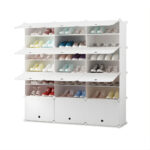 1-SOGA 7 Tier 3 Column White Shoe Rack Organizer Sneaker Footwear Storage Stackable Stand Cabinet Portable Wardrobe with Cover