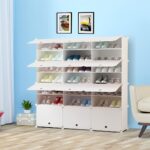 3-SOGA 7 Tier 3 Column White Shoe Rack Organizer Sneaker Footwear Storage Stackable Stand Cabinet Portable Wardrobe with Cover