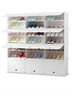 1-SOGA 7 Tier 3 Column White Shoe Rack Organizer Sneaker Footwear Storage Stackable Stand Cabinet Portable Wardrobe with Cover