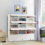 4-SOGA 7 Tier 3 Column White Shoe Rack Organizer Sneaker Footwear Storage Stackable Stand Cabinet Portable Wardrobe with Cover