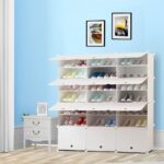 5-SOGA 7 Tier 3 Column White Shoe Rack Organizer Sneaker Footwear Storage Stackable Stand Cabinet Portable Wardrobe with Cover