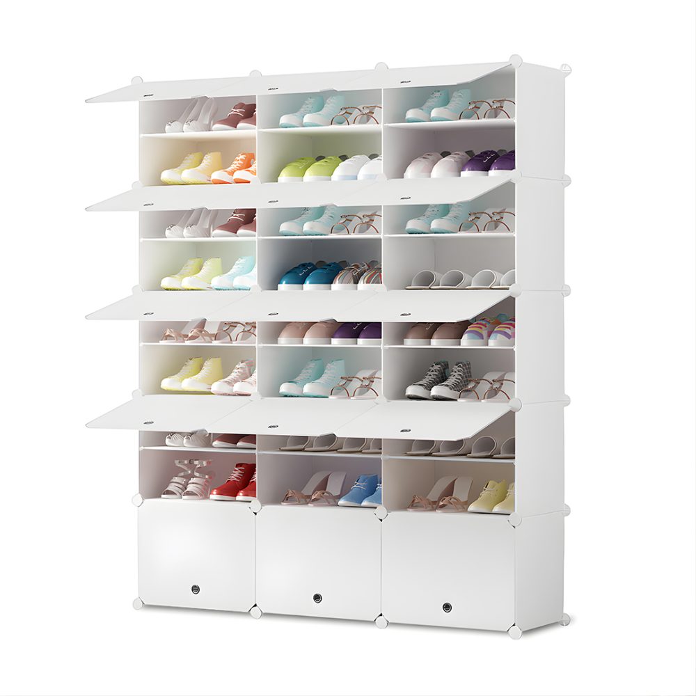 1-SOGA 9 Tier 3 Column White Shoe Rack Organizer Sneaker Footwear Storage Stackable Stand Cabinet Portable Wardrobe with Cover