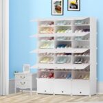 4-SOGA 9 Tier 3 Column White Shoe Rack Organizer Sneaker Footwear Storage Stackable Stand Cabinet Portable Wardrobe with Cover