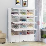 8-SOGA 9 Tier 3 Column White Shoe Rack Organizer Sneaker Footwear Storage Stackable Stand Cabinet Portable Wardrobe with Cover