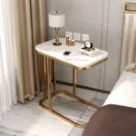 3-SOGA 30x50cm White Ceramic Sofa Side Square Mini Table w/ Gold Metal Legs