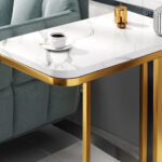 7-SOGA 30x50cm White Ceramic Sofa Side Square Mini Table w/ Gold Metal Legs