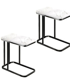 1-SOGA 2X 30x50x58cm White Ceramic Sofa Side Square Mini Table w/ Black Metal Legs