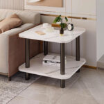 2-SOGA 60cm White Ceramic Side Table Stone Pattern Modern Design with Metal Legs