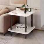 2-SOGA 70cm White Ceramic Table Stone Pattern Modern Design with Black Metal Legs