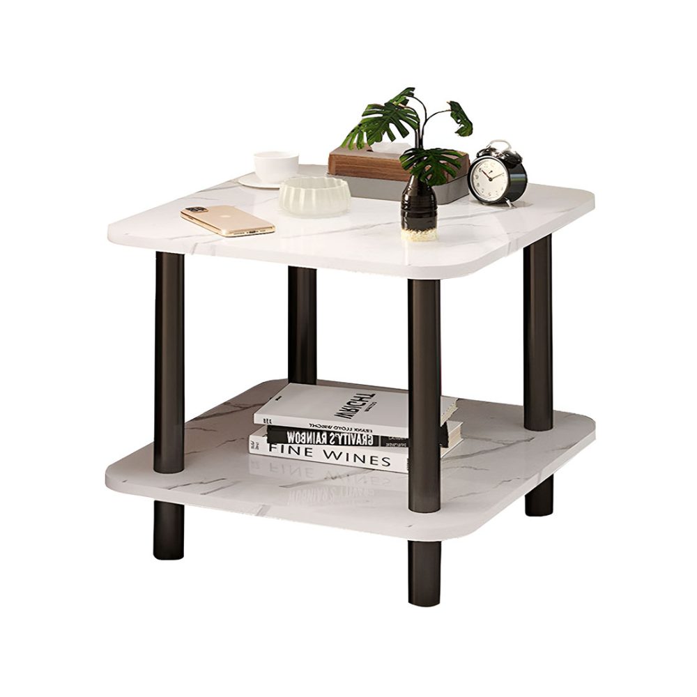 1-SOGA 70cm White Ceramic Table Stone Pattern Modern Design with Black Metal Legs