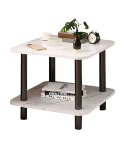 1-SOGA 70cm White Ceramic Table Stone Pattern Modern Design with Black Metal Legs