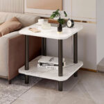 2-SOGA 2X 70cm White Ceramic Table Stone Pattern Modern Design with Black Metal Legs