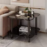 2-SOGA 70cm Black Ceramic Side Table Stone Pattern Modern Design with Black Metal Legs