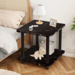 3-SOGA 2X 70cm Black Ceramic Side Table Stone Pattern Modern Design with Black Metal Legs